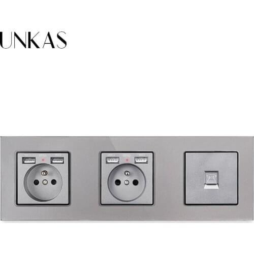 UNKAS Glass Panel Dual French Standard Wall Socket with 4 USB 16A Charging Port + RJ11 Telephone Jack 258mm * 86mm Outlet