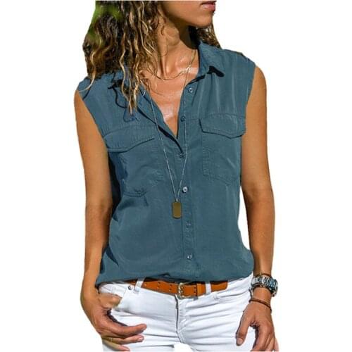 Women Summer Sleeveless Tops Pure Color V-Neck T-Shirt Casual Loose Lapel Button-Up Blouse Lady Shirts Female