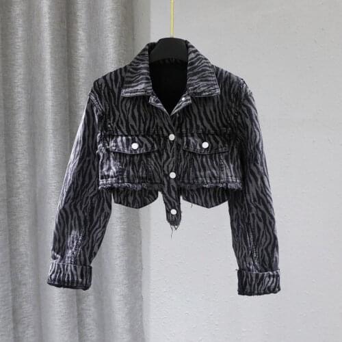 Zebra Print Short Denim Jacket Women Spring Autumn Irregular Frayed Burr High Waist Casual Korean Jeans Jacket Female Streetwear