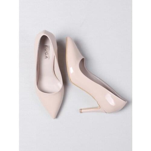 Womens Heels Beige Patent Leather Slim Low Rise Heel Daily Casual Stiletto 2021 Summer Season