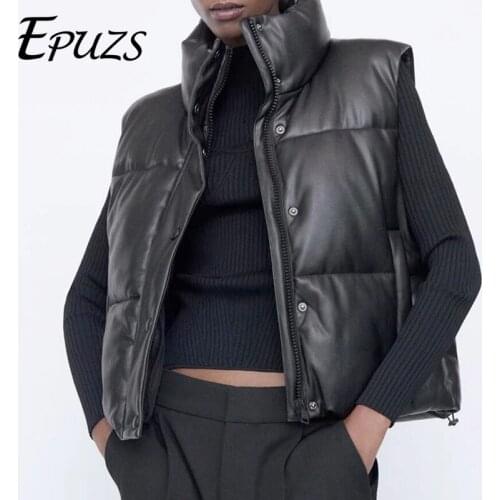 ZA 2021 women Winter Black Warm Faux Leather Vest Coat Casual Zipper Sleeveless Jacket Female Short Cotton Outwear