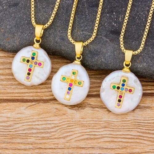 Wholesale Trendy Necklace Gold Color Chain Copper CZ Cross Natural Pearl Pendant Choker Necklace For Women Engagement Jewelry