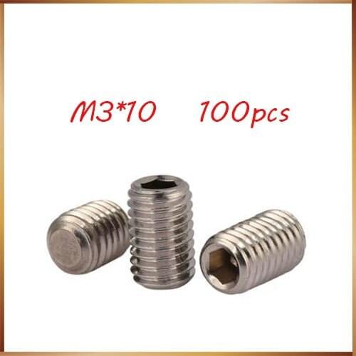 100Pcs DIN913 M3*10mm 304 Stainless Steel Metric Thread Grub bolts,nails Screws Flat Point Hexagon Socket Set Screws Headless