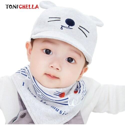 2Pcs/Set Baby Hats Baseball Cap With Bibs Cartoon Cute Cat Pattern Cotton Boys Girls Spring Autumn Cotton Peaked Caps CL5242
