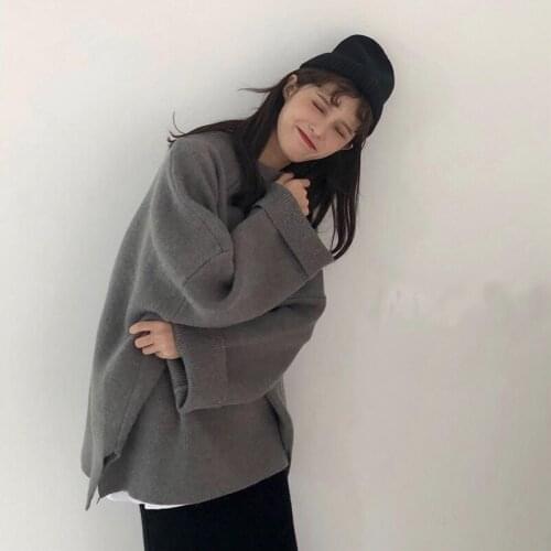 2019 Korean Slit Simply Loose Women Sweater Lazy Style Easy To Match Slim Female Sweaters