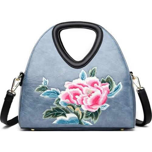 2021 Spring Summer Flowers Embroidery Handbag Ladies Fashion Chinese Style Genuine Leather Shoulder Crossbody Bag Travel Totes