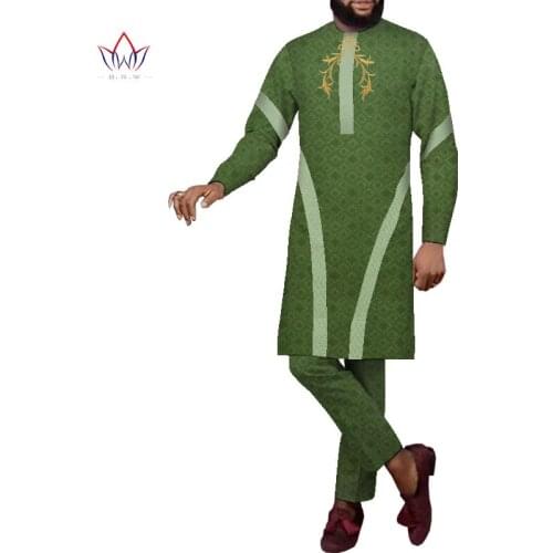 Africa Custom Print Cotton Set for Men Bazin Rich Full Sleeves Side Slit Top+ Slim Pants 2 Pieces Mens Casual Set WYN1185