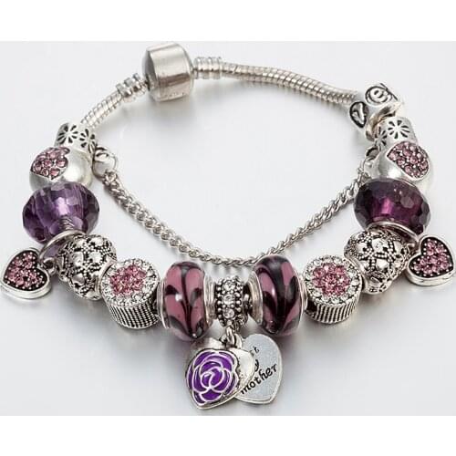 ANNAPAER Silver Plated Heart Charm Bracelets Purple Crystal Beads Fit Bracelets & Bangles for Women Jewelry Gift B16102