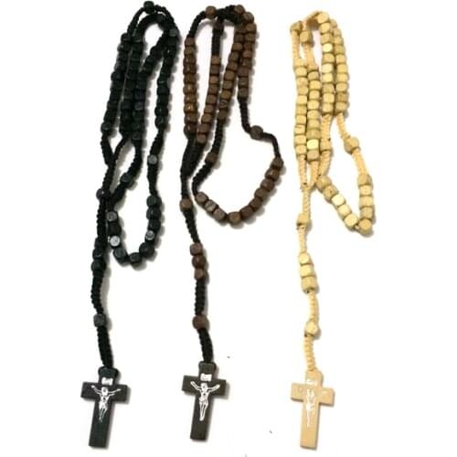 Free ship 12pcs/lot Mix 3 colors Wood Rope Rosary Necklace Jesus Cross Square Beads Sturdy Construction NR Necklace