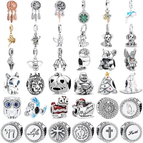 New Crucifix Owl Dolphins Lucky Angel Dog Lion Fox Elephant Animal Beads Fit Original Charms Bracelet Women 925 Silver Jewelry