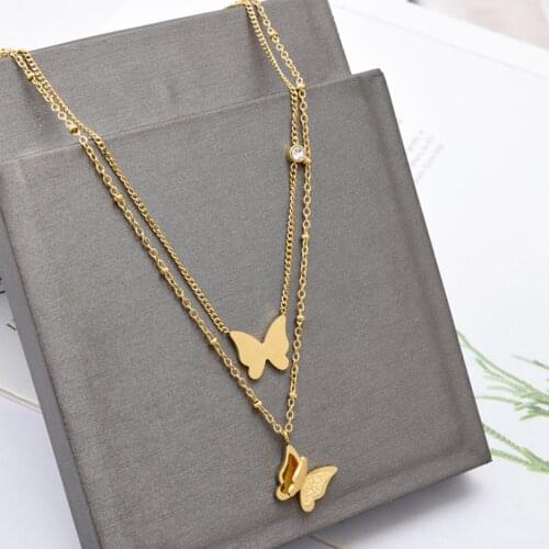 316L Stainless Steel New Fashion Upscale Jewelry 2 Layer Zircon Butterfly Charms Beaded Chain Choker Necklaces Pendant For Women