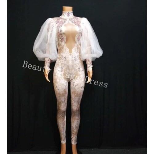 Colored Rhinestones One Piece Bodysuit pearl Elasticlong-sleeved adult stage costume Jumpsuit Stage Outfit Singer sexy clothing