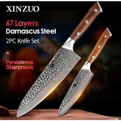 XINZUO 2PCS Damascus Kitchen Chef Knife Sets High Quality Stainless Steel Excellent Utility Chef Knife Ebony Handle Kitchen Tool