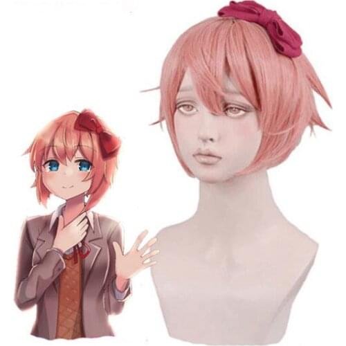 DDLC Doki Doki Literature Club Sayori Women Pink Short Wig Cosplay Costume Heat Resistant Synthetic Hair Wigs ( No Headwear )