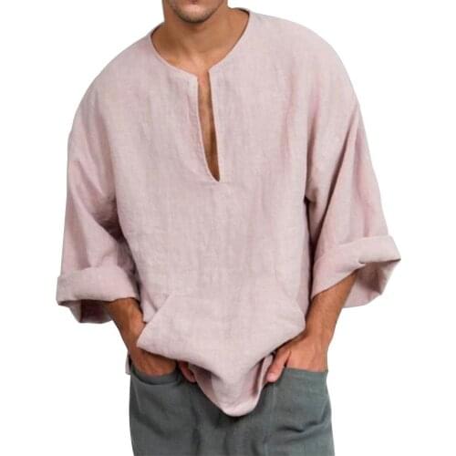 Mens T Shirt Short Sleeve Man Tee Slim T-Shirt Men Casual Beach Solid Color V Neck Flare Long Sleeve Cotton Top Shirt Blouse