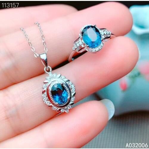 KJJEAXCMY Fine Jewelry 925 Sterling Silver Inlaid Natural Blue Topaz Gemstone exquisite Ring Necklace Pendant Set Support test