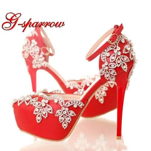 Red High Heels for Wedding with Rhinestone Lady Nightclub Formal Dress Shoes with Ankle Straps Platform Bridesmaid Shoes