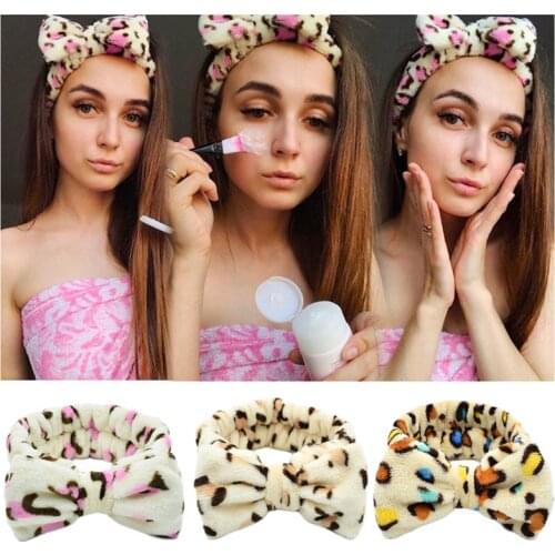 Leopard Wash Face Head Bands for Women Bow Soft Coral Fleece Hair Band Elastic Headwrap Headwear Makeup Party Girls Accesories