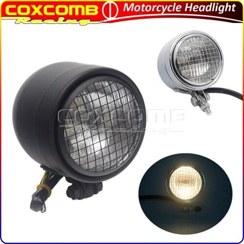 Motorcycle 12V Retro Front Headlight High/Low Beam Head Lamp w/ Mesh Mask For Harley Cafe Racer Triumph Honda Yamaha Suzuki
