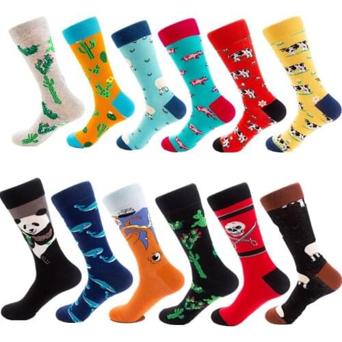 Men Crew Socks Combed Cotton Funny Happy Socks Animal Cactus Art Cartoon Pattern Socks Male Winter Warm High Long Unisex Socks