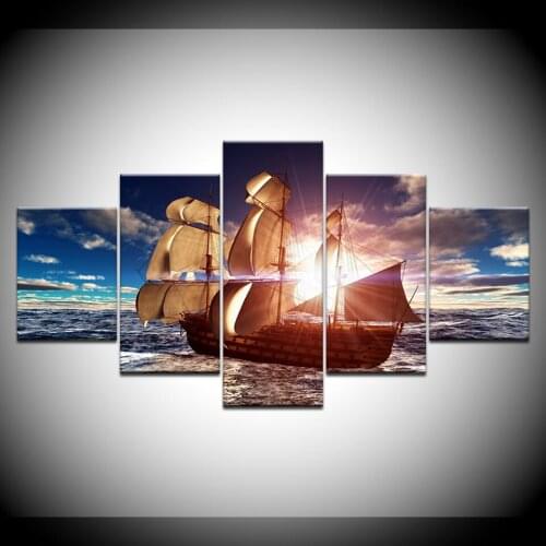 Wall For Living Room Nordic Decoration 5 Panel The Sailboat Seaview New Art Canvas Painting Cuadros Modular Picture Poster