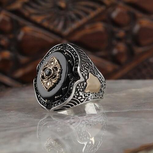Natural Onyx Stone 925 Silver Engraved Traditional Ring Handmade Turkish Signet Rings Rock Jewelry Gift for Women Men