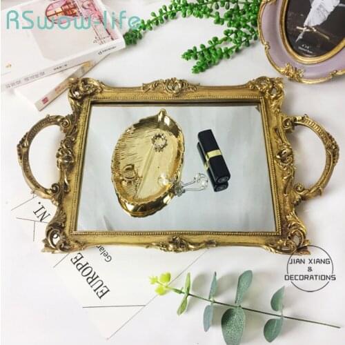 41*28cm Retro Gold Mirror Metal Trays Rectangular Resin Home Decorations Ornaments Food Tray Serving Tray For Home Storage