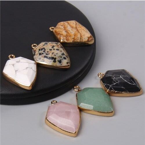 Natural Stone Rose Pink Quartz Necklace Earring Pendant Arrow Shape Natural Stone Slice Metal Pendant for Jewelry Making 22x31mm