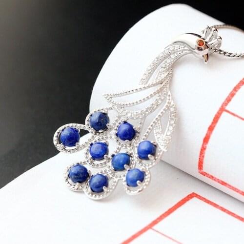 Silver Wholesale S925 Sterling Silver Retro Thai Silver Pendant Hand-laced Natural Lapis Lazuli Peacock Pendant Fashion Female