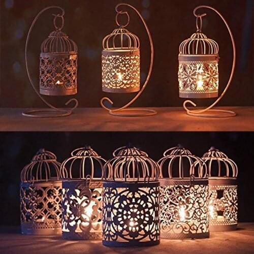 Hollow Holder Candlestick Tealight Hanging Lantern Bird Cage Vintage Wrought Candle Vintage Suspension Lantern Decor