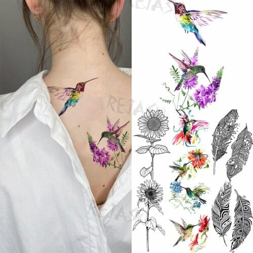 Realistic Watercolor Hummingbird Temporary Tattoos For Women Adult Sunflower Feather Fake Tattoo Back Foot Arm Waterproof Tatoos