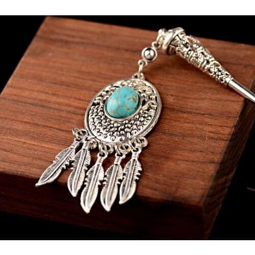 Handmade Hair stick Vintage Chinese Style hairpin Boho Ethnic Blue Natural Stone Leaf Tassel Womens hairpin Headwear