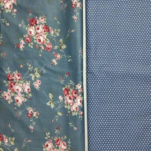 Vintage Blue Blooming Rose Peony Flower & Polka Dot Printed 100% Cotton Fabric 50x160cm Fabric patchwork quilting bedding cushio