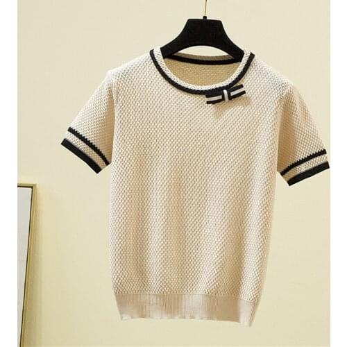 Brow Knitted Tshirs Woman Aprioct Korean Style Short Sleeve O Neck Patchwork Casual Slim Soft Cotton Tee Shirt Femme Tops Clothe
