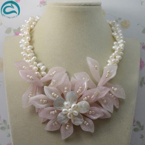 Unique Pearls jewellery Store Natural White 3rows Freshwater Pearl Jades Flower Necklace Perfect Women Wedding Birthday Gift