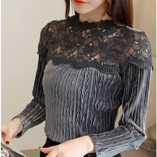 Spring Fall Women Ladies Lace Patchwork Long Sleeve Velour Tee Tops , Tshirt , Female Woman Hollow Out Xxl Elegant T Shirts