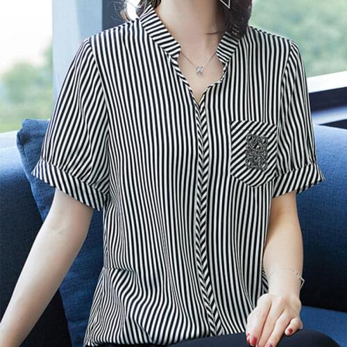 Womens Spring Summer Style Blouse Shirt Womens Stripe V-Neck Pockets Short Sleeve Elegant Slim Tops SP1085