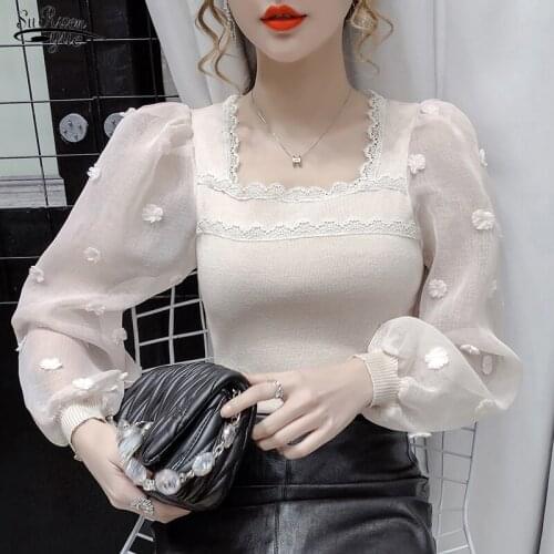 Spring Autumn Vintage Crochet Lace Tops French Square Collar Sweet Lace Blouse Women Flower Lantern Sleeve Elegant Shirts 15995