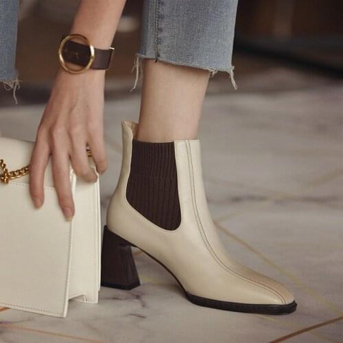 2021 Autumn Thick Heels High Heel Modern Boots Square Toe Elastic Ankle Booties Dress Party Shoes Woman Pumps Botas Femininas