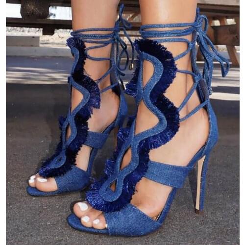 Carpaton New Fashion Denim Lace-up High Heel Sandal 2019 Summer Peep Toe Tassel Cutouts Thin Heels Woman Shoes Gladiator Sandals
