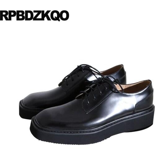 Elevator Creepers Platform Shoes Black Italian Shallow Thick Sole Genuine Leather 2021 Designer Patent Lace Up Square Toe Women