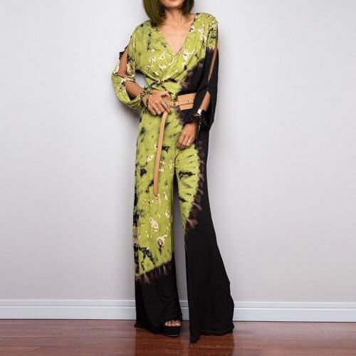 Vintage Print V-Neck Wide Leg Jumpsuits Plus Size 5XL Full Sleeve Hollow Out Lady Rompers Elegant Autumn Femme Loose Playsuits