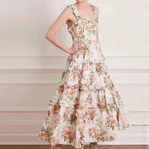 New Retro Ruffles Dress Floral Print Pleated Sling Dresses Good Quality Luxury Vestido De Mujer Sacos De Mujer De Vestir