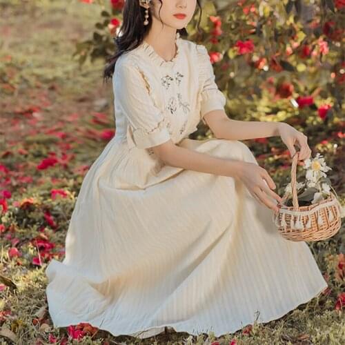 Ladies Sweet Vintage Dress Women 2021 Summer Ruffled Collar Sweet Cute Flower Embroidered High Waist Temperament Kawaii Dresses