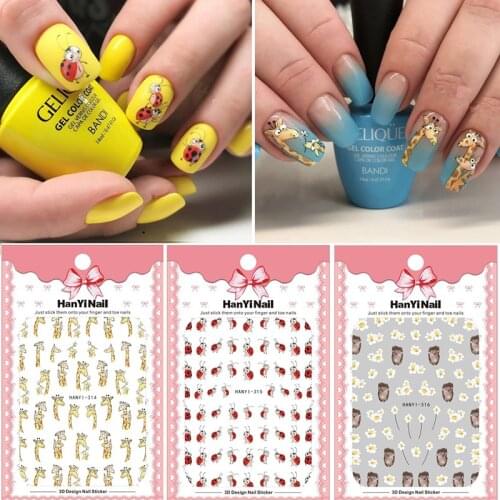 1 sheet 3D Nail Art Adhesive Sticker Super Cute Hedgehog /Giraffe / Coccinella Pattern Decals for Nail Art Decoration Manicure