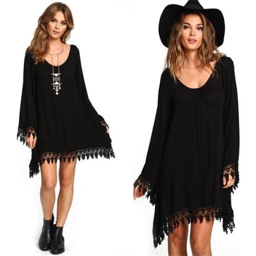 2018 Fashion Round Neck Tassel Chiffon Dress Long Sleeve Dress Casual Pure Color Short Dress