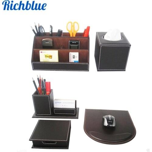 5 Pcs/Set PU Leather Desk Sets Stationery Organizer Box Pen Holder Office Supplies Roll Tissue Box Mouse Pad Note Paper Box