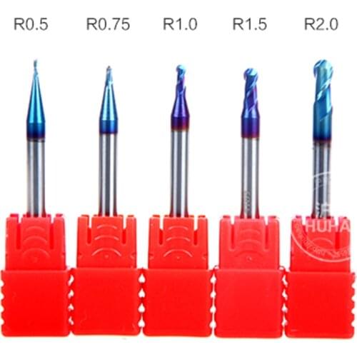 5PCS 2 Flutes HRC63 R0.5,0.75,1.0.1.5,2.0 Naco Coat Tungsten steel solid carbide BALL NOSE end mill for CNC milling machine