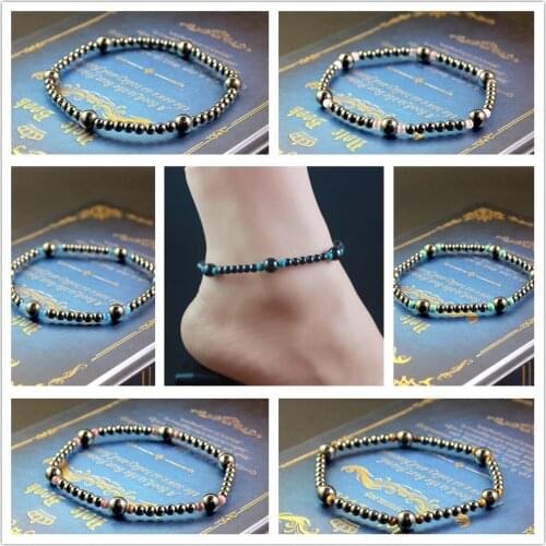 Magnetic Hematite Round Beads Beaded Anklet with Cat Eye Stone Beads Foot Chain Handmade Beach Jewelry ANK1008