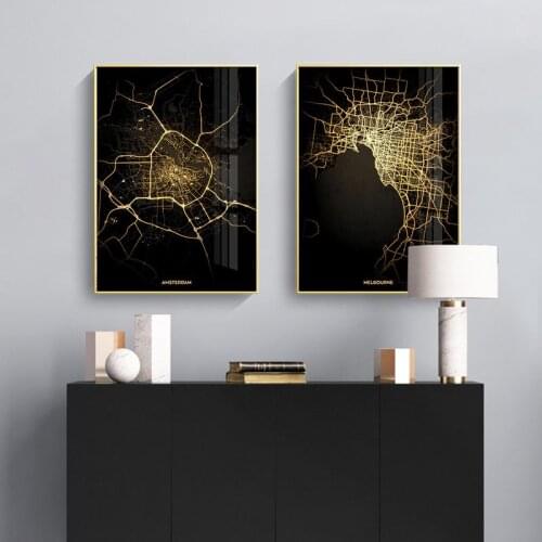 Black Gold Abstract Lines Posters World City Map Entrance Canvas Paintings For Living Room Prints Home Wall Decoration